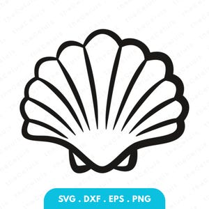 May include: A black and white seashell illustration. The shell has a fan-like shape with curved lines radiating from the center. The bottom of the image has the text "SVG. DXF. EPS. PNG" in a blue rectangle.