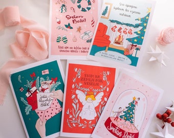 Set of 5 Christmas cards Cheerfull cards Merry Christmas illustrated cards Happy hollidays greeting cards