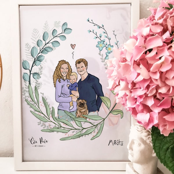 Custom family portrait with dog Personalized illustration Family illustration with pets Couples portrait from photo Flower wreath portrait