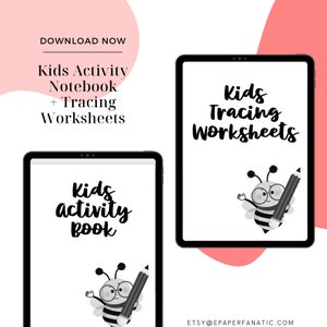 May include: Two digital tablet screens showing a black and white illustration of a bee wearing glasses and holding a pencil. The text on the screens reads "Kids Activity Book" and "Kids Tracing Worksheets".