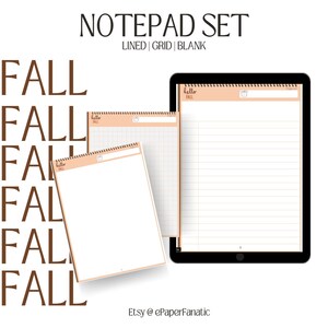 May include: A set of three autumn-themed notepads with a peach background. The notepads have a lined, grid, and blank page style. The notepads have a black and white spiral binding and a peach header with the text "hello fall" and a pumpkin graphic.