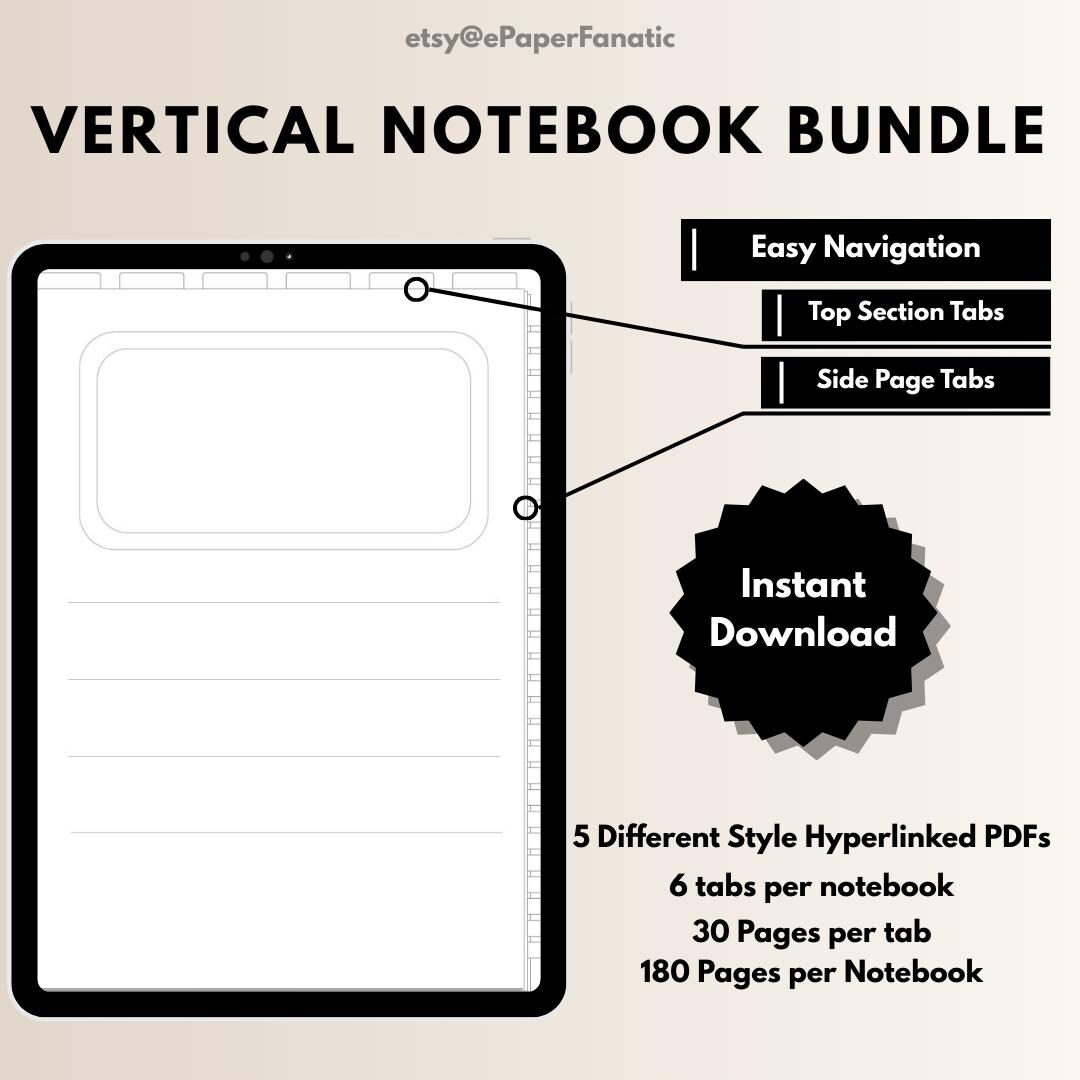 Digital Tabbed Notebook Bundle | 5 Hyperlinked PDF Notebooks | Lined ...