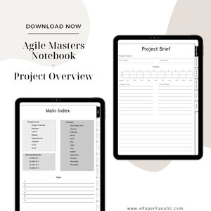 May include: A digital planner template for Agile project management. The template includes sections for project overview, main index, calendar, meeting notebooks, and teams. The template is designed to help users manage their projects effectively.