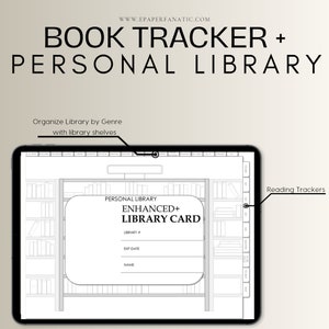 May include: A black and white digital planner template for organizing a personal library. The template features a library card with the text "Enhanced+ Library Card" and spaces for the library number, expiration date, and name. The template also includes a bookshelf with shelves for organizing books by genre.