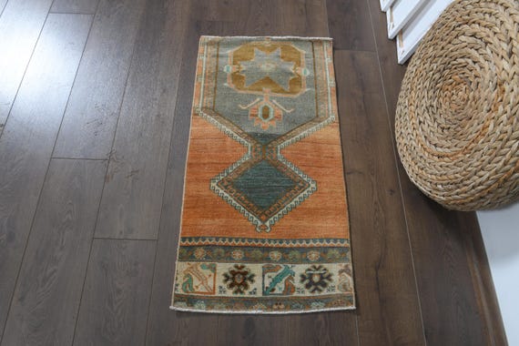 Buy Vintage Turkish Wool Rug, Hand-knotted Orange Green Mini Decor