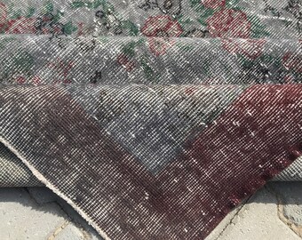 Faded Turkish Wool Rug, Vintage Floral Anatolian Oushak Rug (7x10.3 ft)