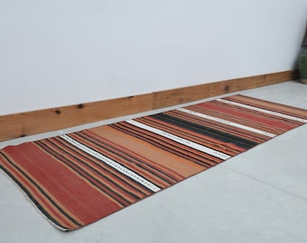 Tappeto Kilim vintage a righe, tappeto turco in lana per corridoio (85x259 cm)