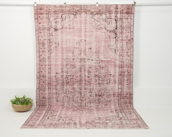6x10 Red Vintage Turkish Handwoven Rug | Pink Wool Area Rug, Unique Oriental Oushak Carpet, Antique Carpet for Farmhouse Decor