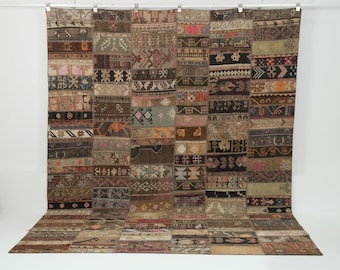 Vintage Turkish Rug 8x10, Handwoven | Brown Rainbow Wool Antique Patchwork 1970s, Living Room Bedroom Rustic Decor, 7'5" x 9'8", Farmhouse