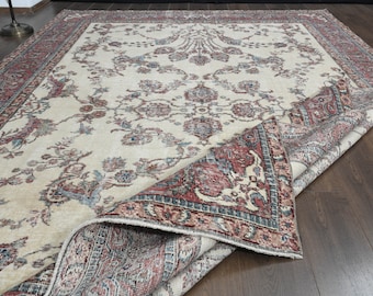 Large Vintage Oushak Wool Rug, Beige Pink Turkish Area Rug (7'9x12'5 ft)