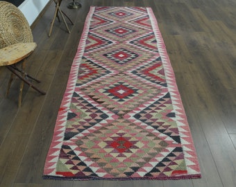 Alfombra de pasillo Oushak rosa, alfombra turca colorida anudada a mano, 2'7x9'2 pies