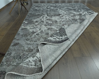 Gray Floral Oushak Rug, 5'5x9'7, Vintage Turkish Wool Rug