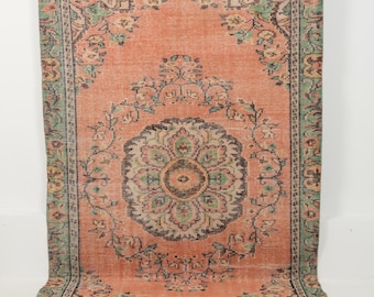 Vintage Turkish Rug 5x9, Handmade | Orange Wool Antique Oushak 1970s, Living Room Bedroom Farmhouse Decor, 5'' x 8'6"