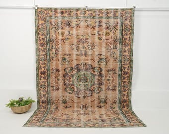 Vintage Turkish Rug 6x9, Handmade | Orange Wool Antique Oushak 1970s, Living Room Bedroom Farmhouse Decor, 6' x 8'7"