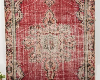 6x8 Red Vintage Turkish Hand-Knotted Rug | Red Wool Area Rug, Unique Oriental Oushak Carpet, Antique Carpet for Home Decor