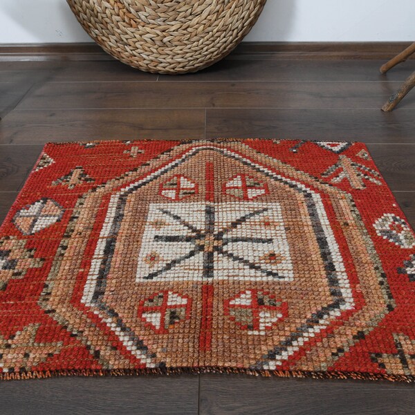 1'9x2'4 ft, BATH MAT VINTAGE, Turkish Rug, Mini Decor, Wool Rug, Red Orange, Etsy, Small Rug, Kitchen Rug, 2x2 Vintage Rug, Mini Small Rug