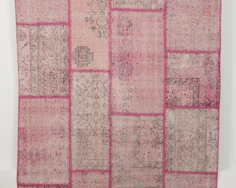 Vintage Turkish Patchwork Rug 5x7, Handwoven | Pink Beige Wool Antique Patchwork 1970s, Living Room Bedroom Rustic Decor, 5 x 6.8
