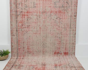 Vintage Turkish Rug 6x10, Handwoven | Pink Wool Antique Oushak 1970s, Living Room Bedroom Farmhouse Decor, 6'1" x 10'3"