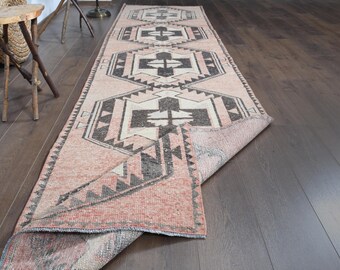 Vintage Turkish Wool Runner Rug, Brown Boho Entryway Rug, 3x12
