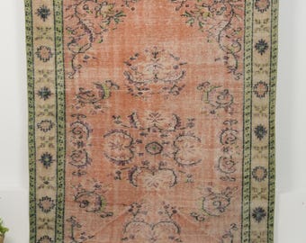 Vintage Turkish Rug 5x8, Handmade | Orange Wool Antique Oushak 1970s, Living Room Bedroom Farmhouse Decor, 5'2" x 8'3"