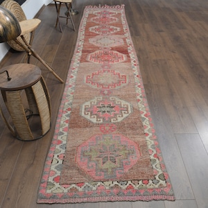 2&#39;6x12&#39;4 ft, PINK GEOMETRIC RUNNER, Oushak Runner, Vintage Wool Rug, Turkish Runner, Handmade Rug, Kitchen Rug, Home Decor, Tribal Runner