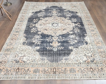 6&#39;6x10&#39;9 ft, TURKISH VINTAGE RUG, Navy Blue Rug, Oushak Rug, Wool Rug, Large Rug, Boho Decor, Area Rug, Living Room Rug, 7x11 Oversized Rug