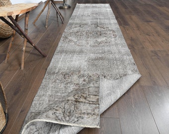 Gray Turkish Wool Runner Rug, Vintage Hallway Rug (2.4x10.8 ft)