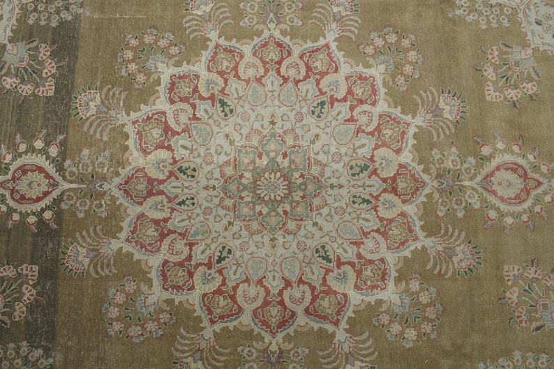 May include: A vintage rug with a central medallion design in shades of beige, red, and blue. The rug has a floral pattern with intricate details.