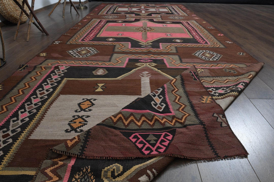 Brown Wool Turkish Runner Rug, Large Vintage Kilim (5'7x15'4 Ft) - Etsy