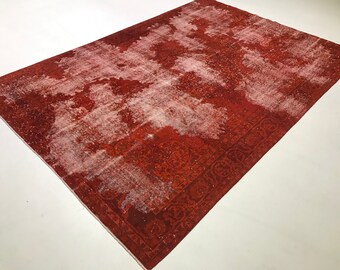 Red Oushak Rug, 7.2x10.3 ft, Hand-Knotted Wool, Bohemian Decor
