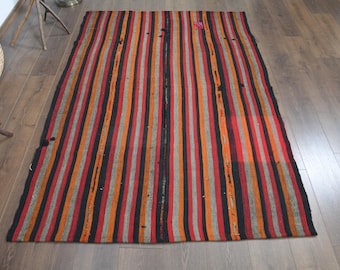 Striped Kilim Rug, Vintage Handwoven Wool Turkish Rug (4'7x6'9 ft)