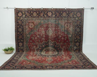 Vintage Wool Rug 10x13, Handwoven | Red Antique Oushak Bohemian 1960, Living room, Bedroom Bohemian Decor, 9'5" x 12'9"