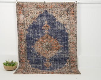 6x8 Turkish Rug - Blue, Orange - Vintage - 1970s - Oriental, Oushak - Wool, Cotton - Ideal for Living Room - Medallion - 5 7" x 8' 1"