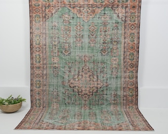 6x10 Turkish Rug - Soft Orange, Green - Vintage - 1970s - Oriental, Oushak - Wool, Cotton - Rug for Living Room - Medallion - 6' x 9'5"