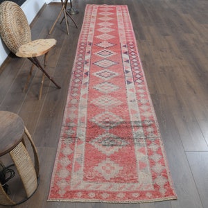 2.6x12.6 ft, VINTAGE TURKISH RUNNER, Oushak Wool Rug, Handmade Woven Rug, Kitchen Rug, Hallway Rug, Stair Rug, 3x13 Rug, Pink Runner Rug