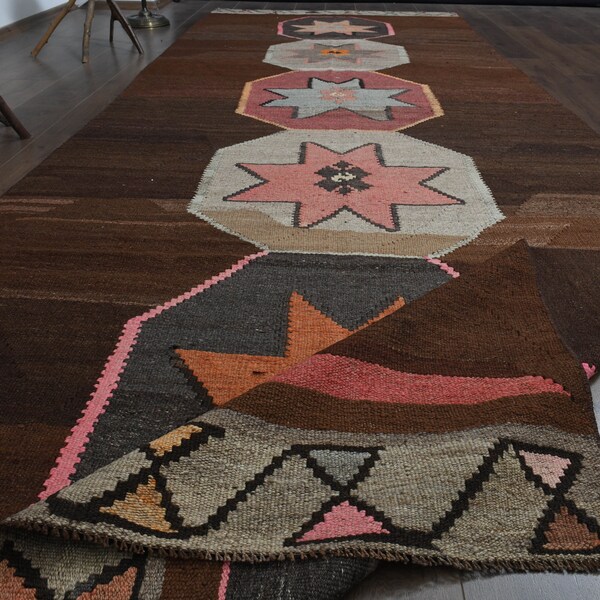 Vintage Oushak Turkish Rug Runner, Brown Wool Hallway Rug (4'9x14 ft)