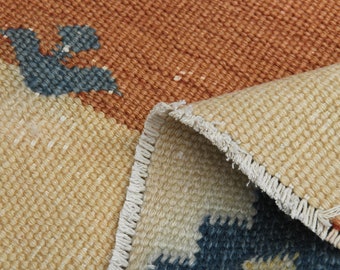 3'6x6'1 ft, VINTAGE KLEINER Teppich, Eingangsbereich, Handgefertigter Oushak Türkischer Teppich, Orange Beige Blauer Woll-Baumwollteppich, Antikes Dekor, Geometrisch