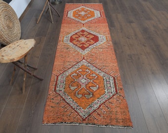 2'6x9'9フィート、コーラルオレンジピンク、トルコ製ヴィンテージ