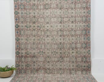 6x9 Vintage Rug - Green, Beige, Brown- Turkish, Oriental - Wool, Cotton - Ideal for Bedroom - Medallion - Natural Fiber - 1970s -5'8" x 9'