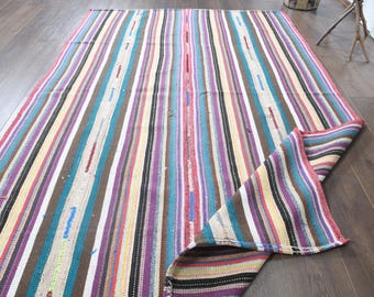 5'4x8'5 ft, SPECIAL KILIM-MATTA, Vintagematta, Överdimensionerad matta, Turkisk matta, Handgjord matta, Oushak-matta, 5x9 Area Matta, Rumsinredning, Randig matta