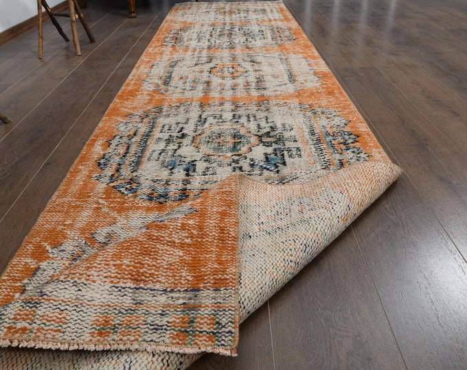 3'3x11'3 Ft, TURKISH RUNNER RUG, Entry Runner, Wool Carpet, Orange ...
