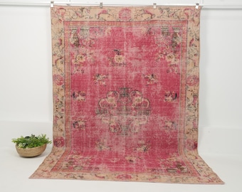 Vintage Turkish Rug 6x9, Handwoven | Pink Wool Antique Oushak 1970s, Living Room Bedroom Farmhouse Decor, 6'3" x 9'2"
