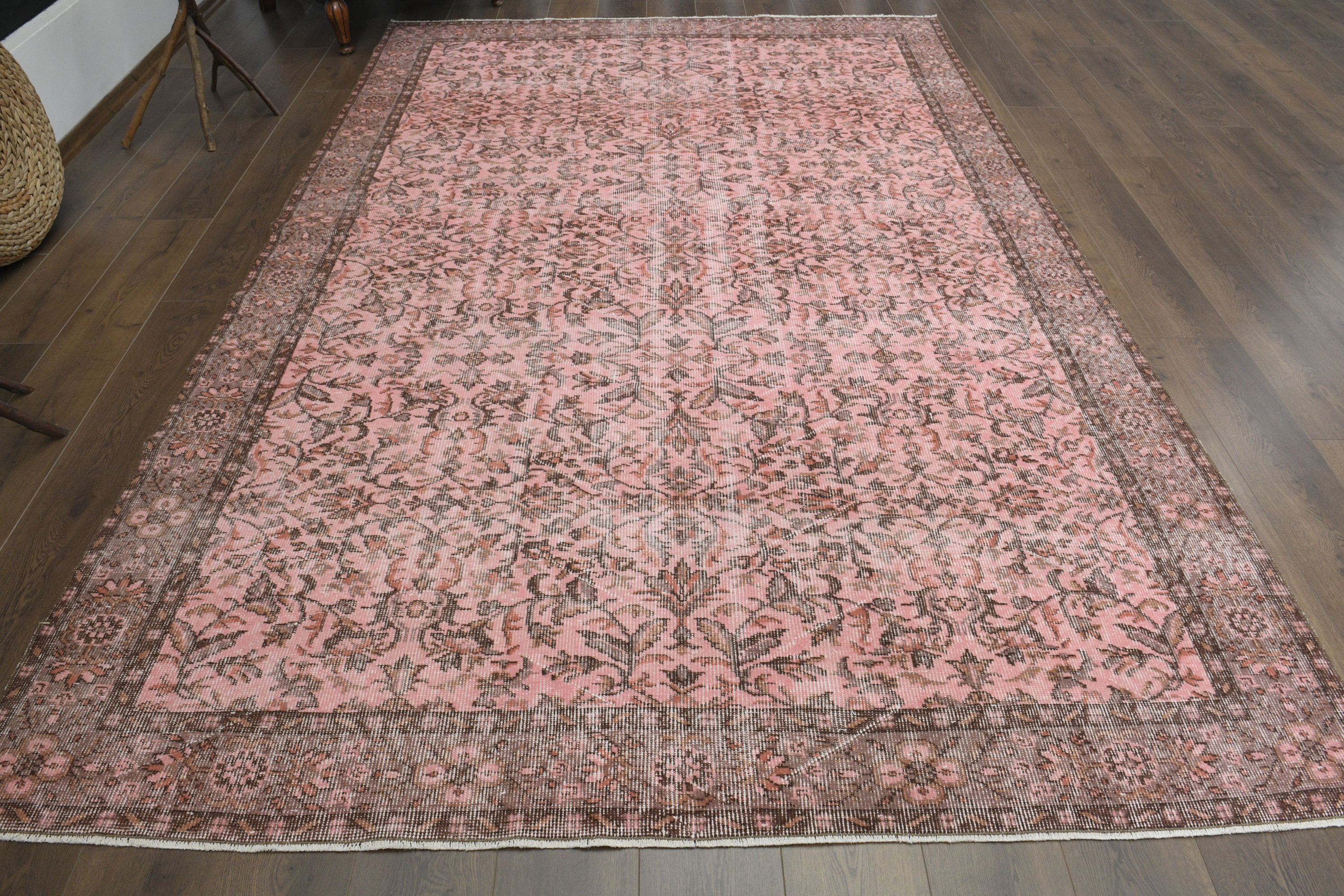6'8x10'1 ft, PINK FLORAL RUG, Vintage Turkish Rug, Oushak Wool Rug, Pink Area Rug, 7x10 Rug, Living Room Rug, Home Decor, Minimalist Rug