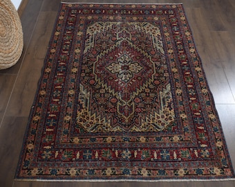 RED Turkish Oushak Rug, 4.5x5.8 ft, Vintage Wool Boho Area Rug, Special Geometric Motifs