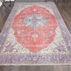 6&#39;7x10&#39;7 ft, COLORFUL AREA DECOR, Hand Knotted Rug, Red Beige Blue Rug, Home Decor, Boho Decor, 7x11 Area Rug, Vintage Turkish Rug, Star Rug