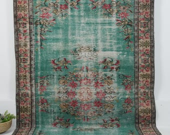 Vintage Turkish Rug 6x9, Handmade | Green Wool Antique Oushak 1970s, Living Room Bedroom Farmhouse Decor, 6' x 9'4"