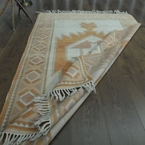 4.1x6.7 ft, ORANGE, ANTIQUE DECOR, Vintage Rug, Living Room Rug, Hand-Knotted Rug, Orange Beige Rug, 4x7 Area Rug, Home Decor. Geometric Rug