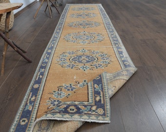 Orange und Blauer Türkischer Teppichläufer, Vintage Wolle, 7x30cm