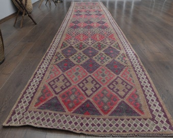 Vintage Turkish Wool Runner Rug, Purple Pink Faded Hallway Rug