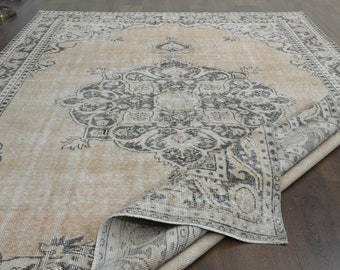 Vintage Oushak Wool Rug, Turkish Area Rug, Distressed Bohemian Decor (6.8x10.4 ft)
